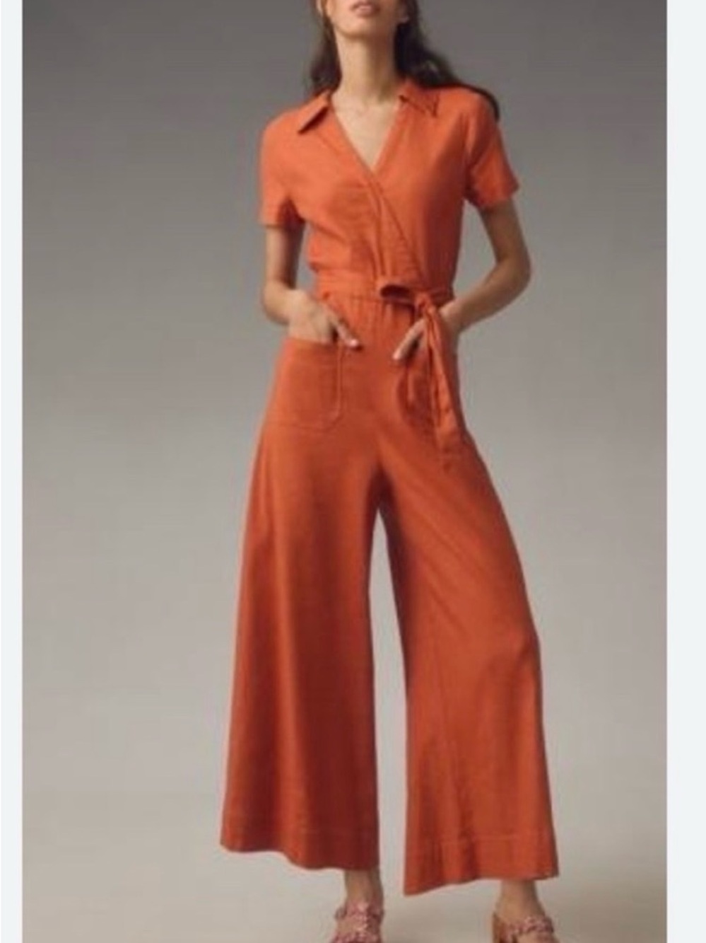 ANTHROPOLOGIE Maeve Terracotta Short-Sleeve Wrap Jumpsuit